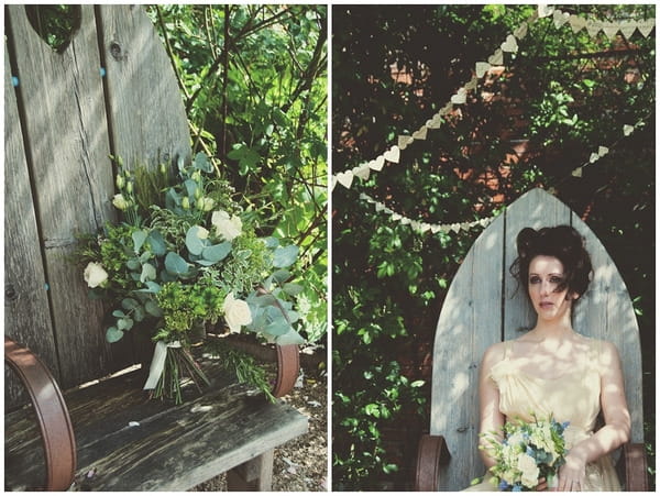 Bouquet and bride on wooden chair