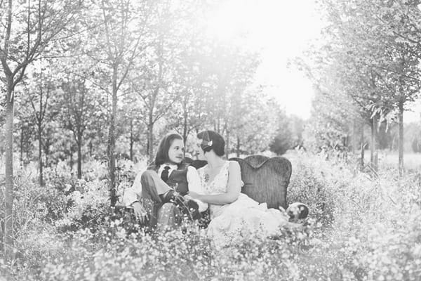 Bride and groom on couch