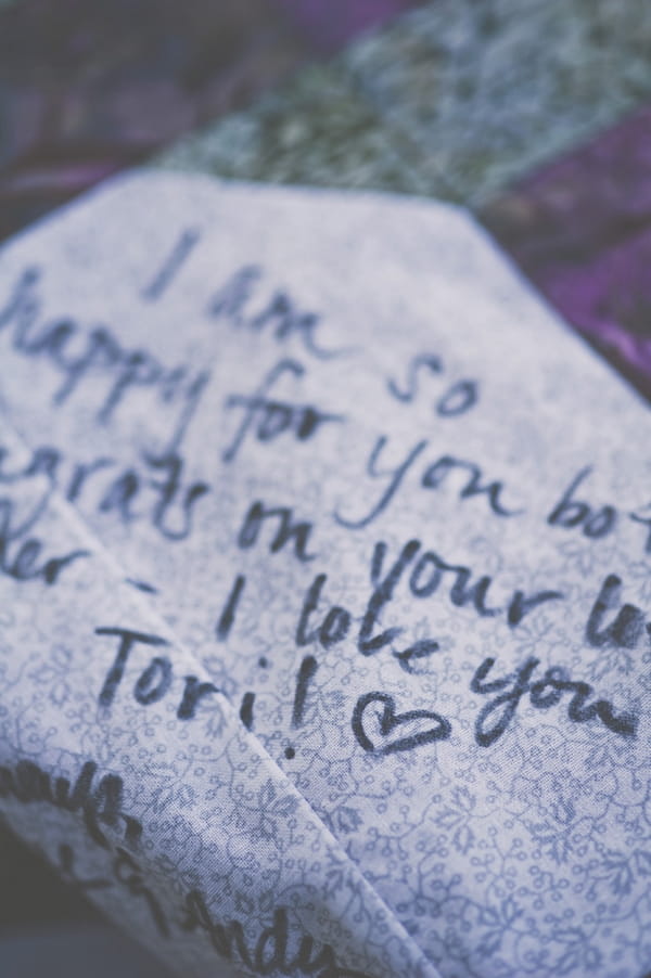 Wedding message written on quilt