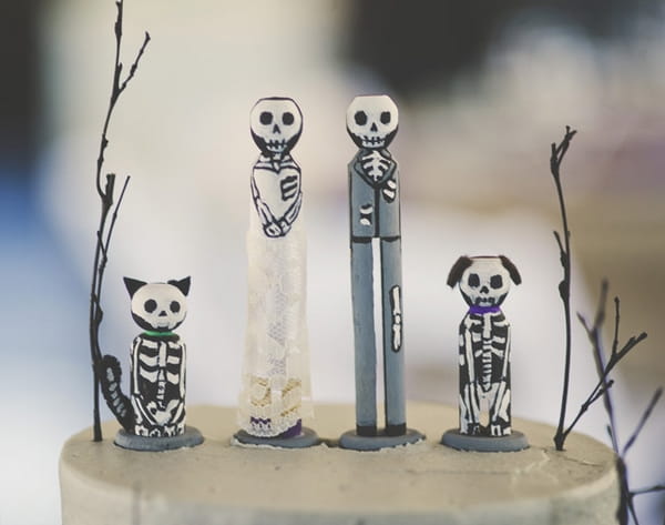 Skeleton bride, groom, dog and cat cake toppers