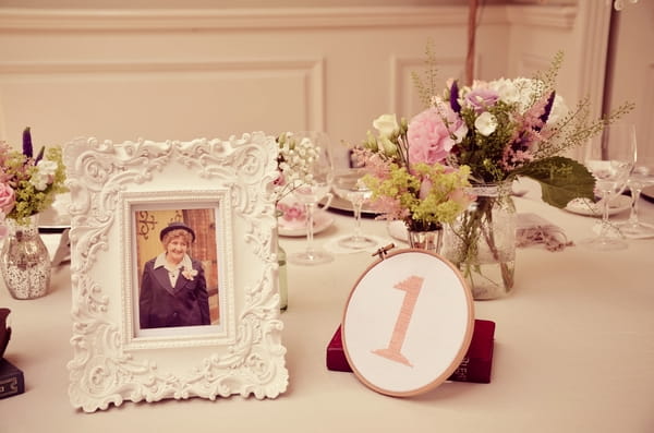 Embroidered wedding table number and photo