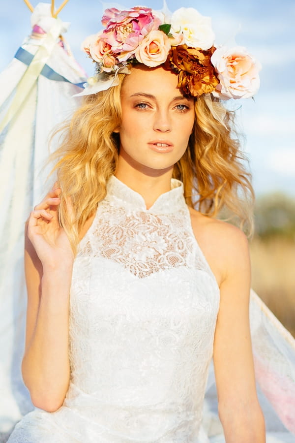 Boho bride with lace dress and flower crown