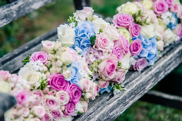 Wedding bouquets on bench