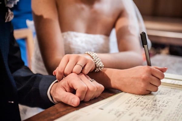 Bride and groom signing register