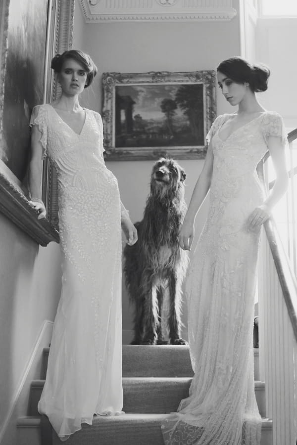 Vintage brides standing on stairs