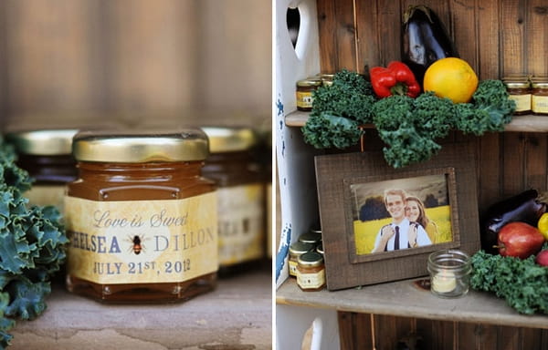 Jars of marmalade and a picture of bride and groom