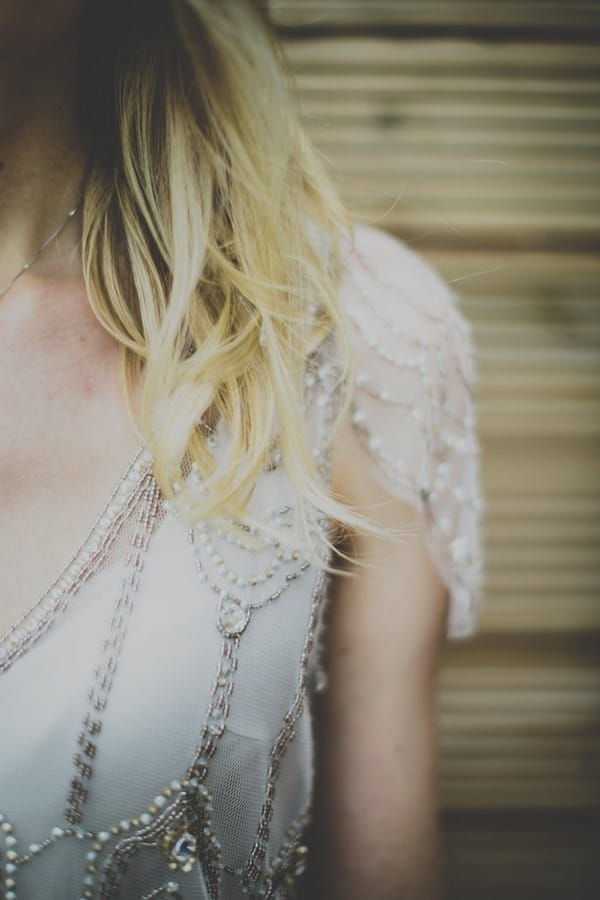 Detail on shoulder of Jenny Packham Eden dress