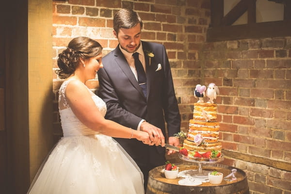 Bride and groom cutting wedding cake