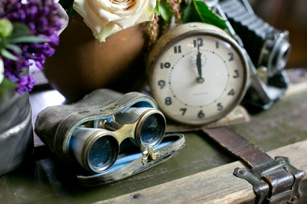 Binoculars and clock