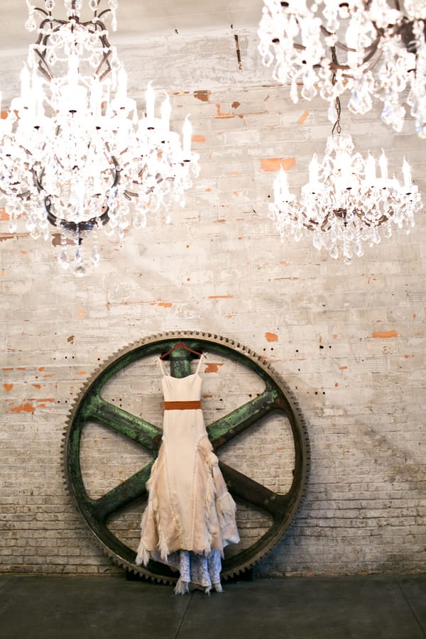 Wedding dress hanging on wheel
