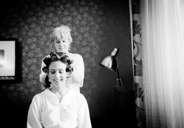 Bride having hair done