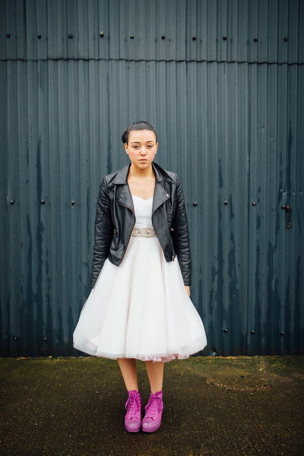 Bride wearing leather jacket