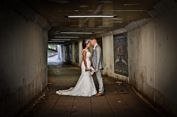 Bride and groom in subway