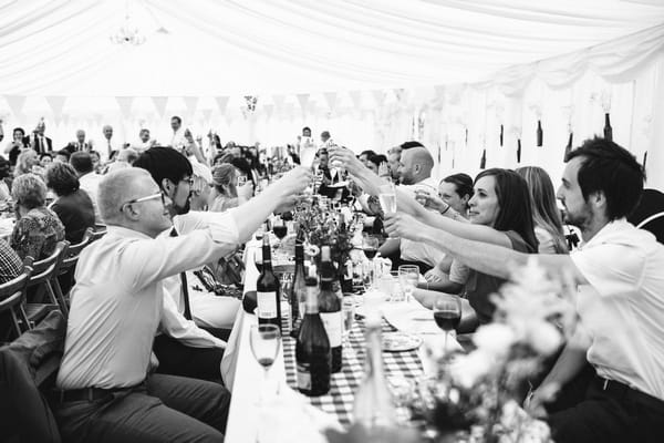 Wedding guests raising toast