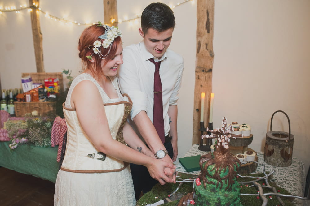 Bride and groom cutting cake