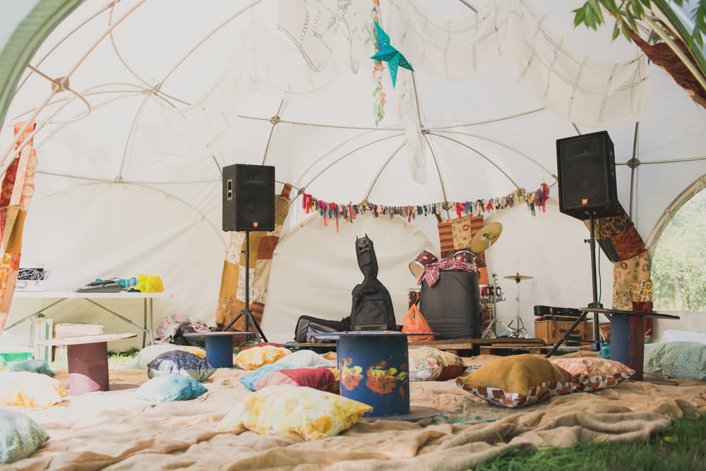 Cushion seating in tent