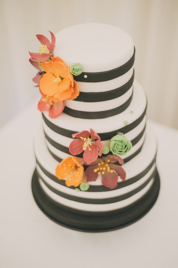 Black and white striped wedding cake