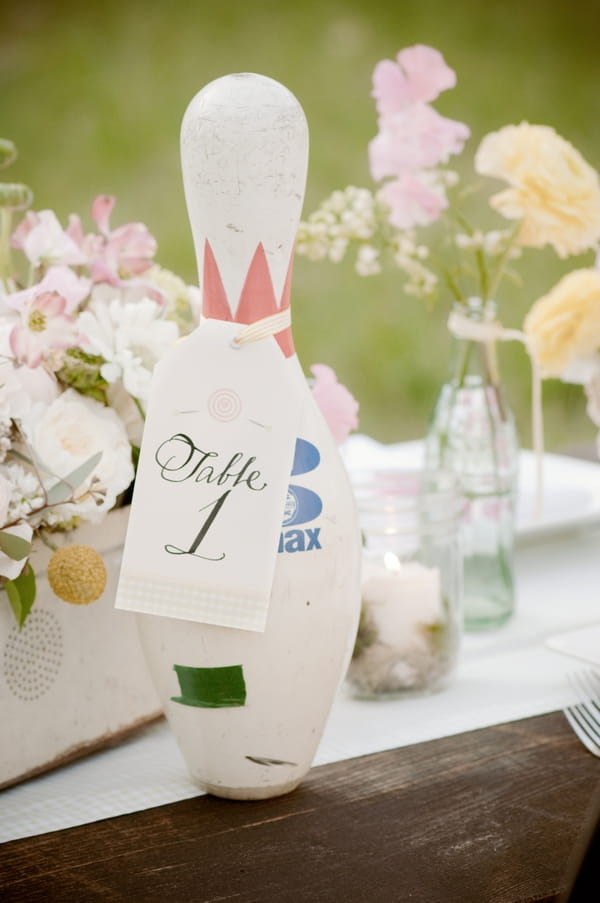 Wedding table number on bowling pin