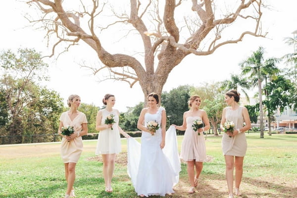 Bride and bridesmaids under a tree