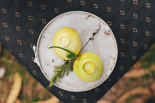 Wedding rings on fruit