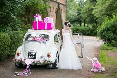 Bride and pink poodle next to VW Beetle