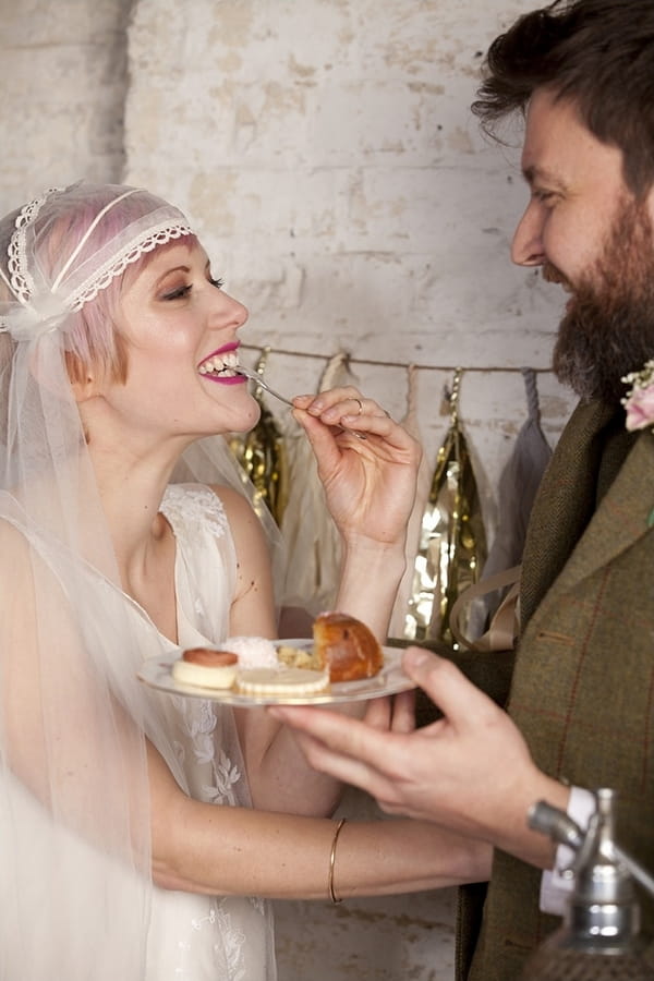 Bride eating cakes