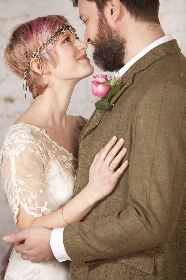 Bride and groom looking into each others eyes