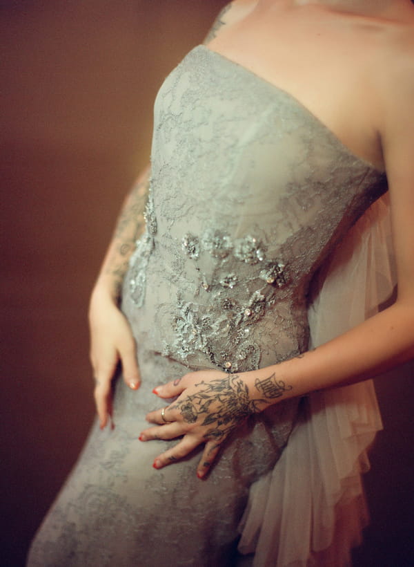 Detail on silver wedding dress