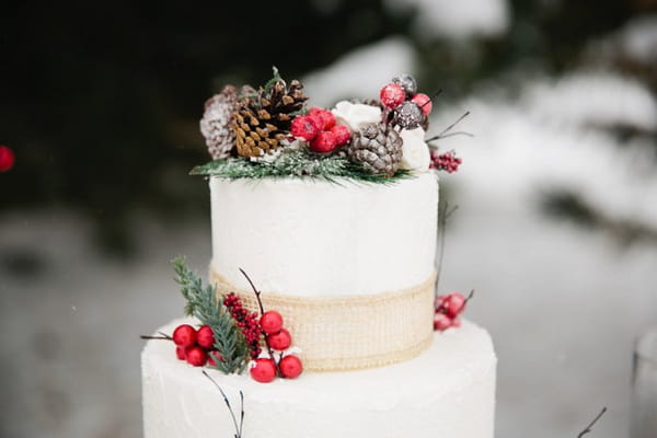 Pine cone decoration on Christmas wedding cake