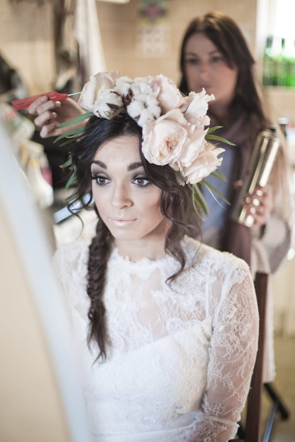 Bride with large floral headpiece