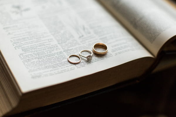 Wedding rings on pages of book