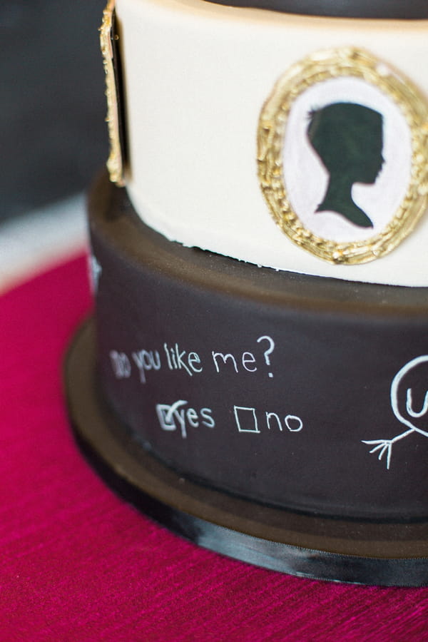 Detail on school themed wedding cake