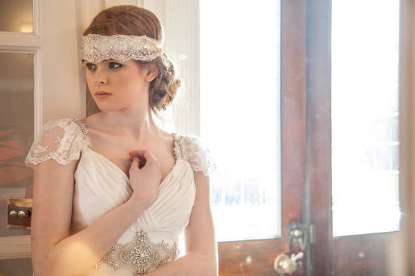 Bride wearing lace headband