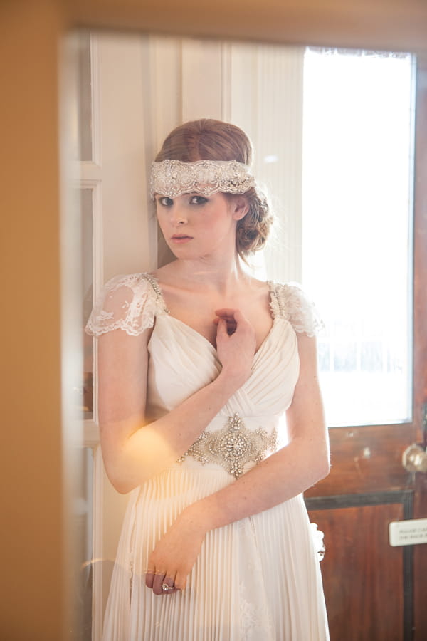 Bride wearing lace headband