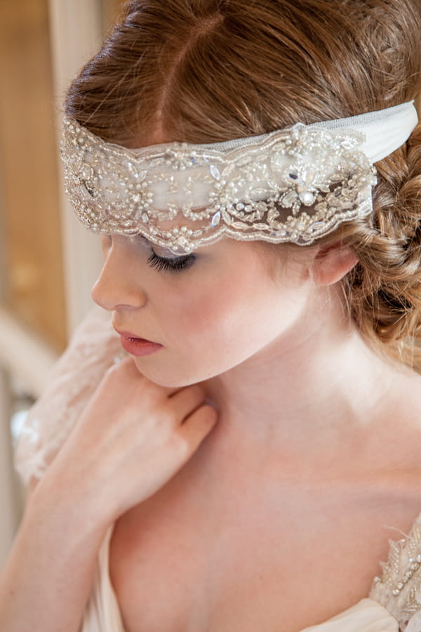 Bride wearing lace headband