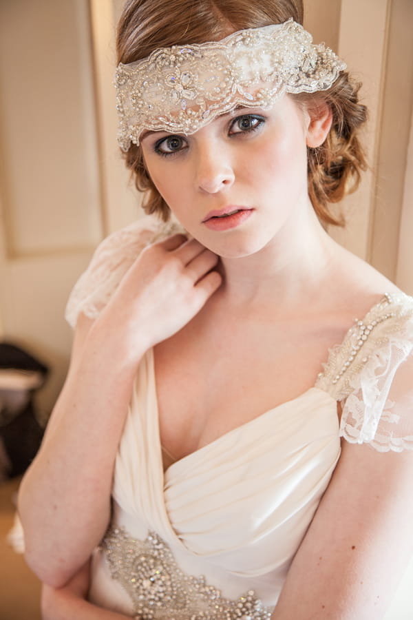 Bride wearing lace headband