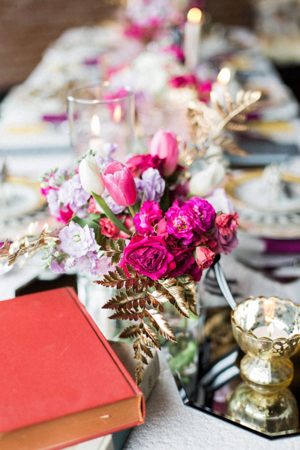 Pink flowers on wedding table