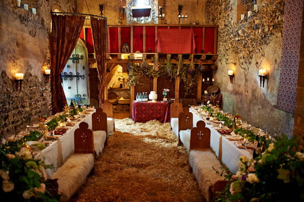 Long tables in church at Lost Village of Dode