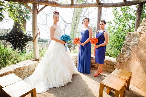 Bride and bridesmaids in blue dresses