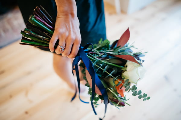 Bridesmaid bouquet with blue ribbon