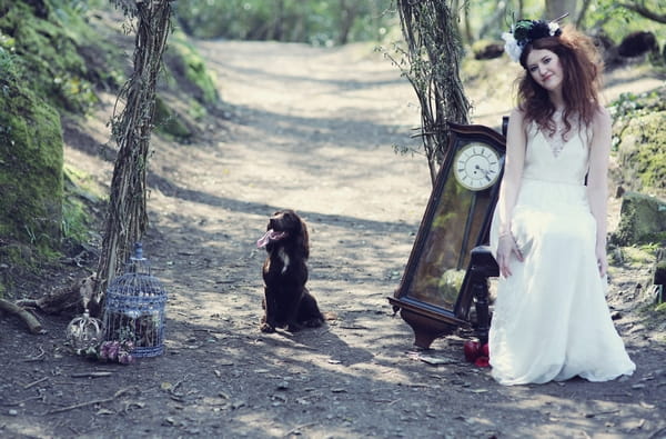 Bride sitting with dog in woods