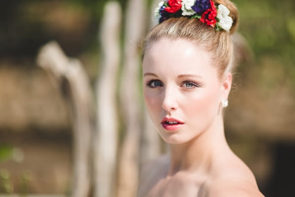 Bride with red, white and blue flower crown