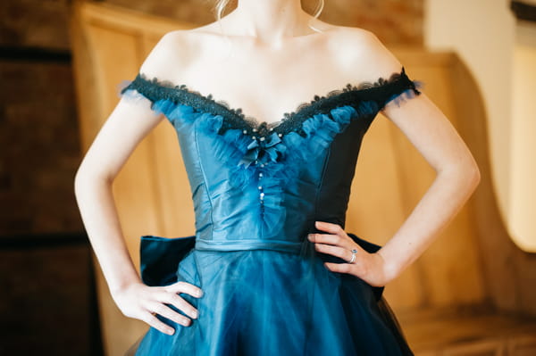 Detail on bride's blue wedding dress