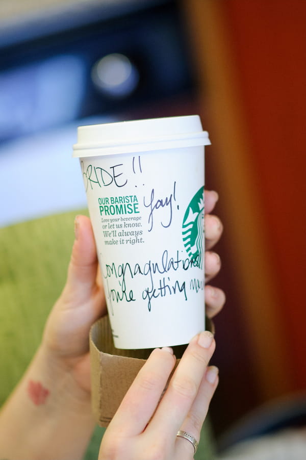 Starbucks cup with message to bride
