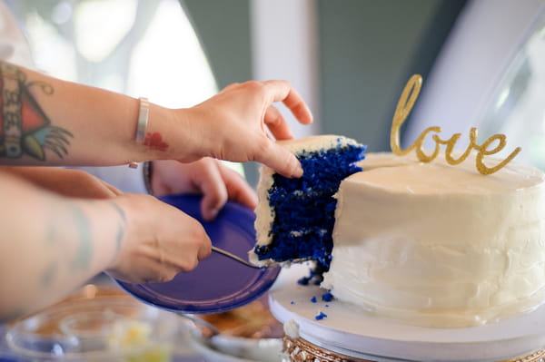 Blue sponge centre wedding cake