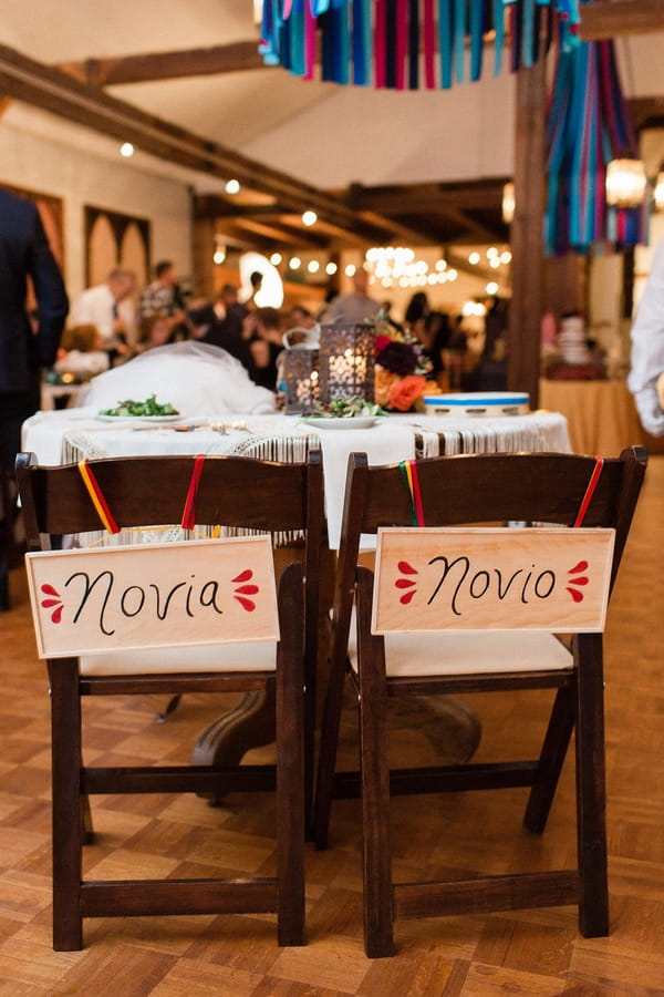 Signs on back of bride and groom's chairs