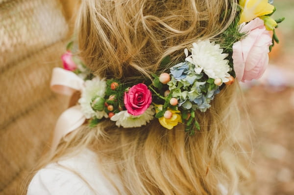 Side of boho bride's flower crown