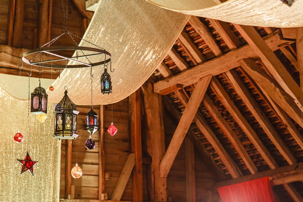 Lanterns hanging from ceiling of Longford Barn