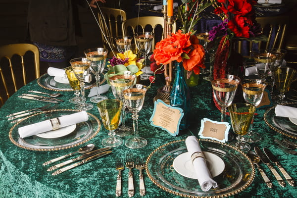 Colourful wedding table styling