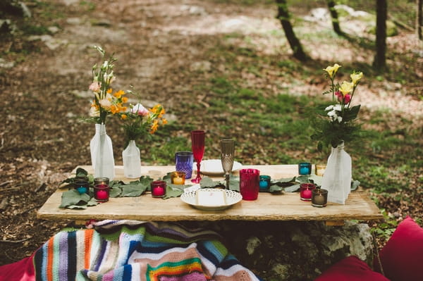 Wedding table set-up in woods